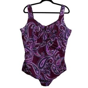 Lands' End Tugless One Piece Paisley Print Bathing Swim Suit Blue Purple sz 24W